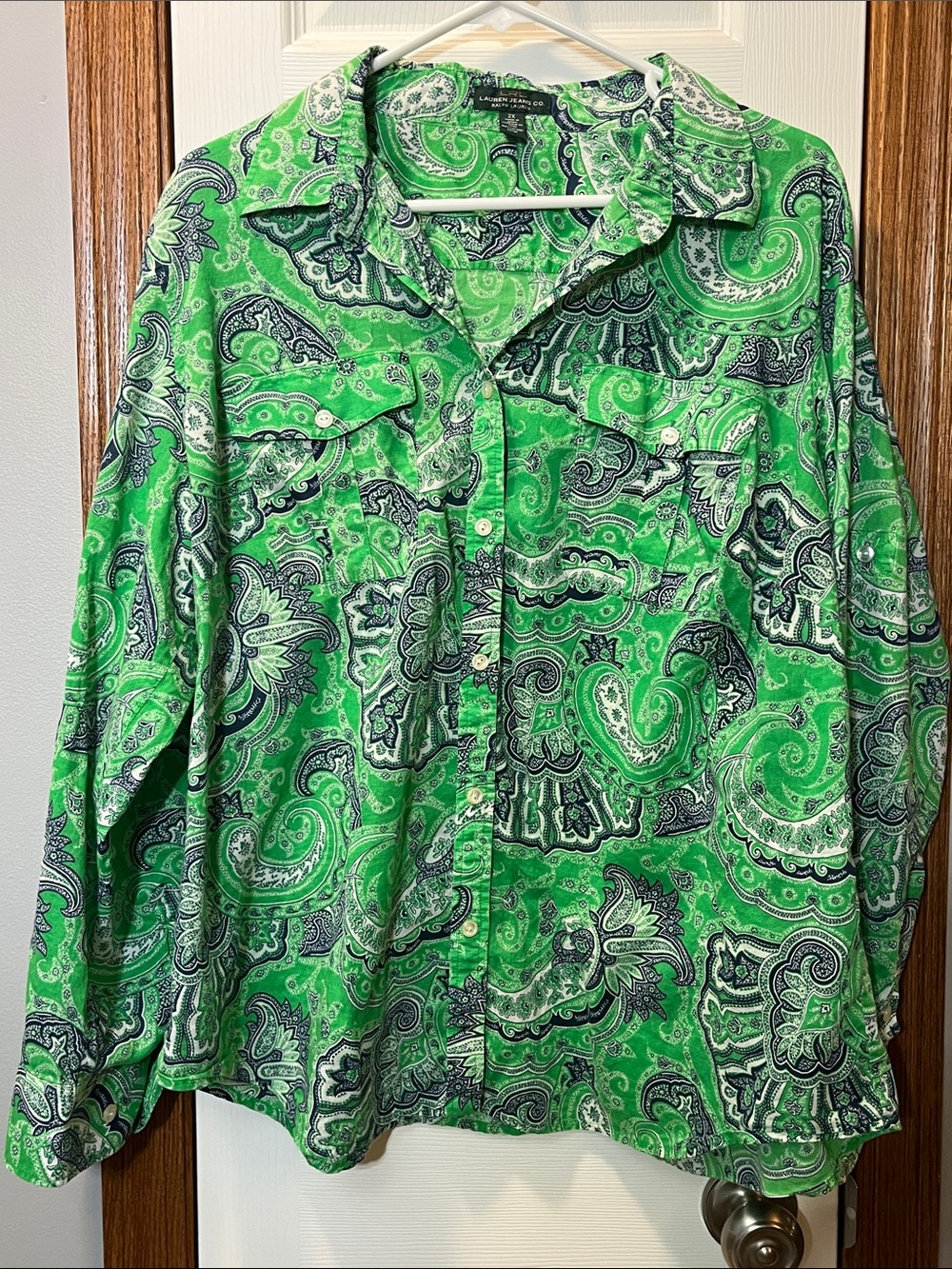 LRL Lauren Jeans Co Green & Navy Paisley Cotton Button Down Shirt Women’s 2X